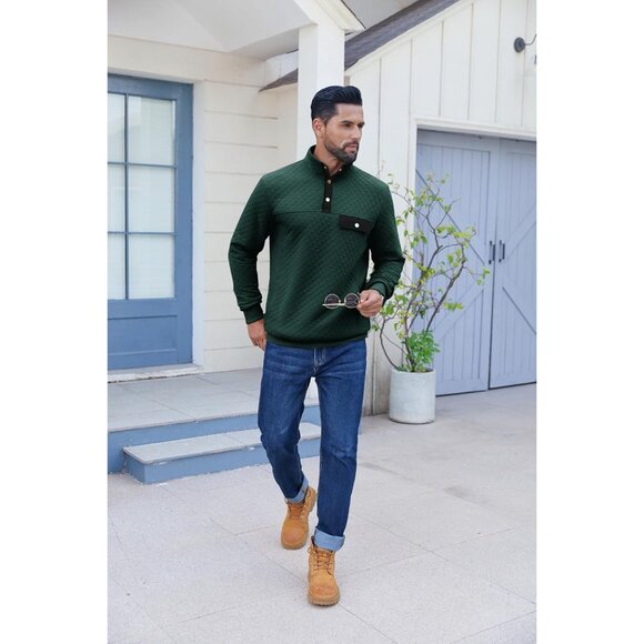 Men's Sweatshirt Quarter Button Pullover Sweatshirt Stand Collar Polo Green - Picture 3 of 5